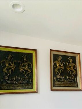 Gold Relief Dancing Figures Wall Plaque Pair with Green Accents